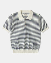 Nautical Fine Stripe Cotton Knit Polo - White Black Stripe