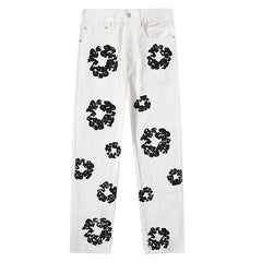 All‑Over Black Floral Print Straight‑Leg Streetwear Pants