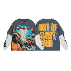 Godspeed "Out of Many, One" Futuristic Sci-Fi Graphic Grey Layered-Look Long Sleeve Tee
