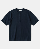 Linen Cotton Blend Knit Henley T-Shirt - Indigo