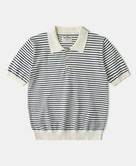 Nautical Fine Stripe Cotton Knit Polo - White Black Stripe