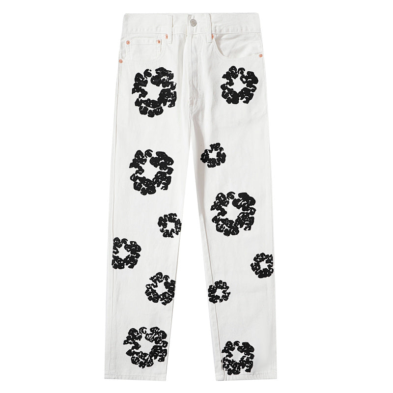 All‑Over Black Floral Print Straight‑Leg Streetwear Pants