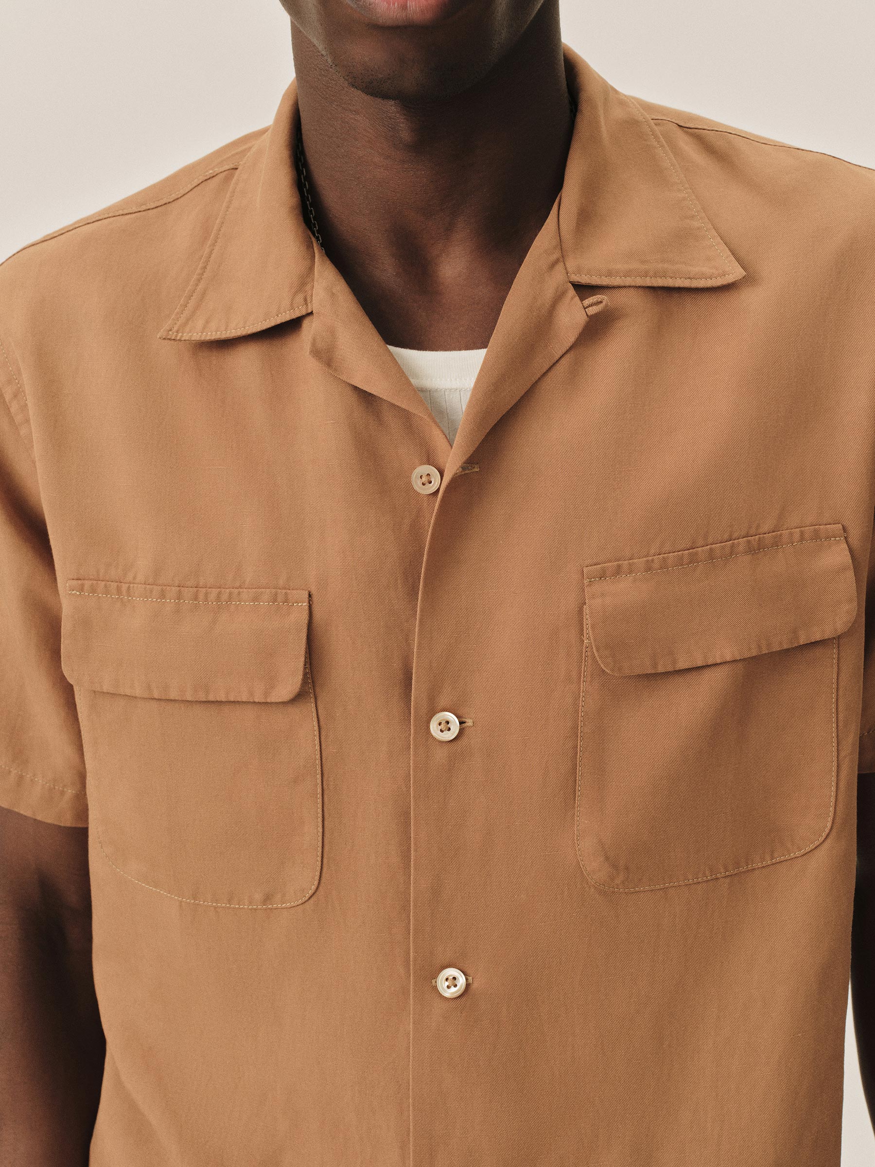Cinnamon Draped Linen Deuce Coupe Camp Shirt