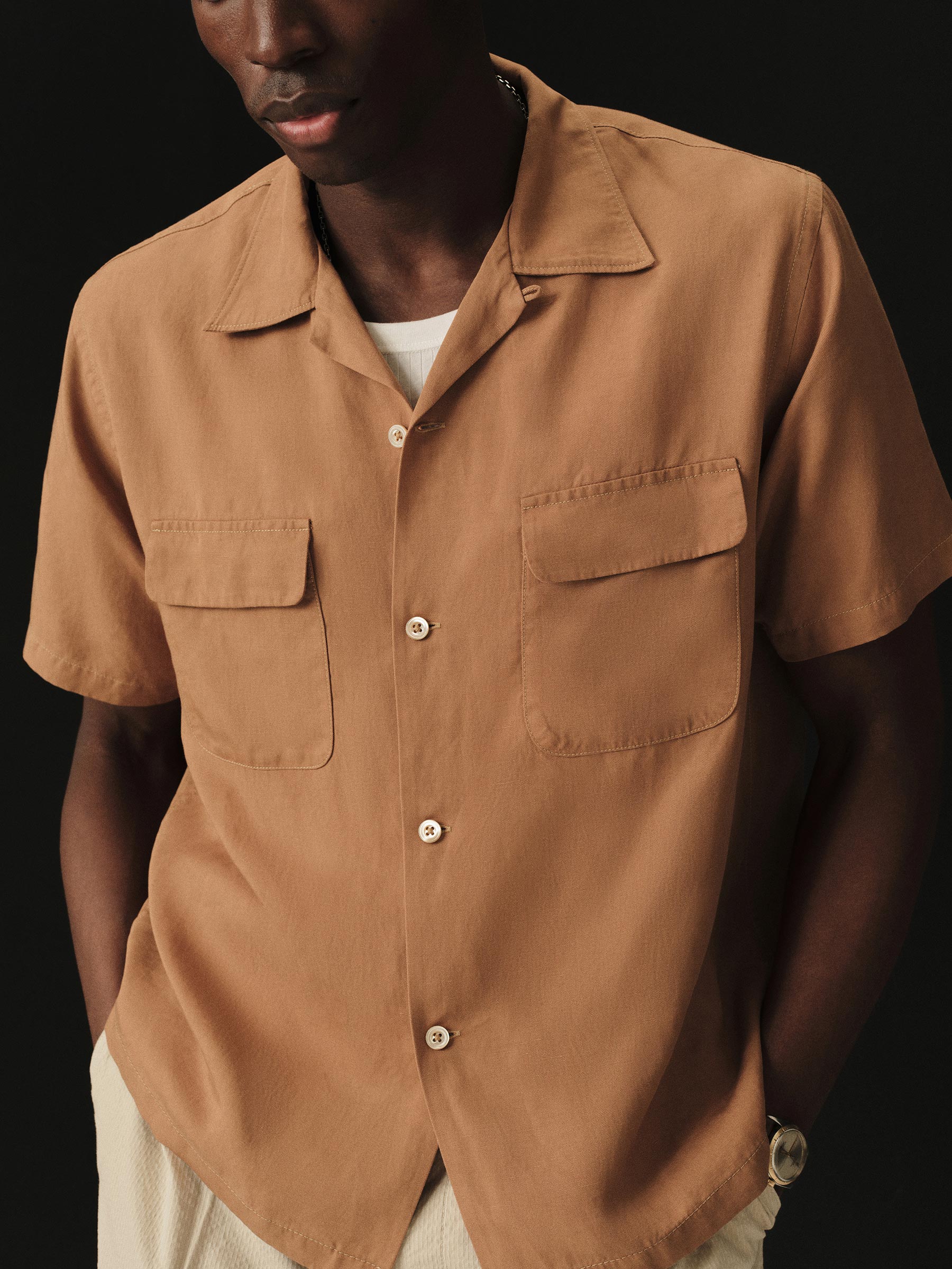 Cinnamon Draped Linen Deuce Coupe Camp Shirt