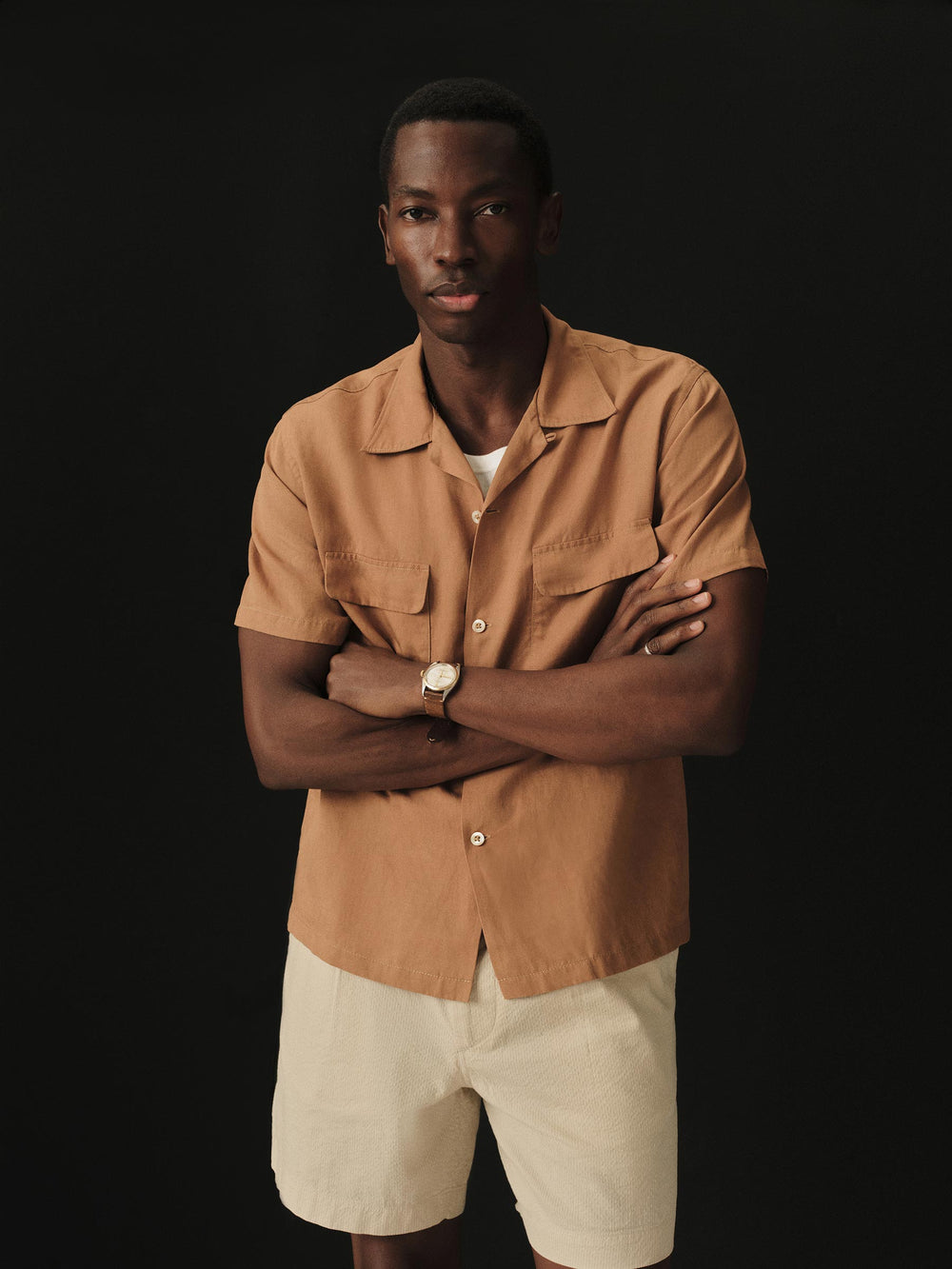 Cinnamon Draped Linen Deuce Coupe Camp Shirt