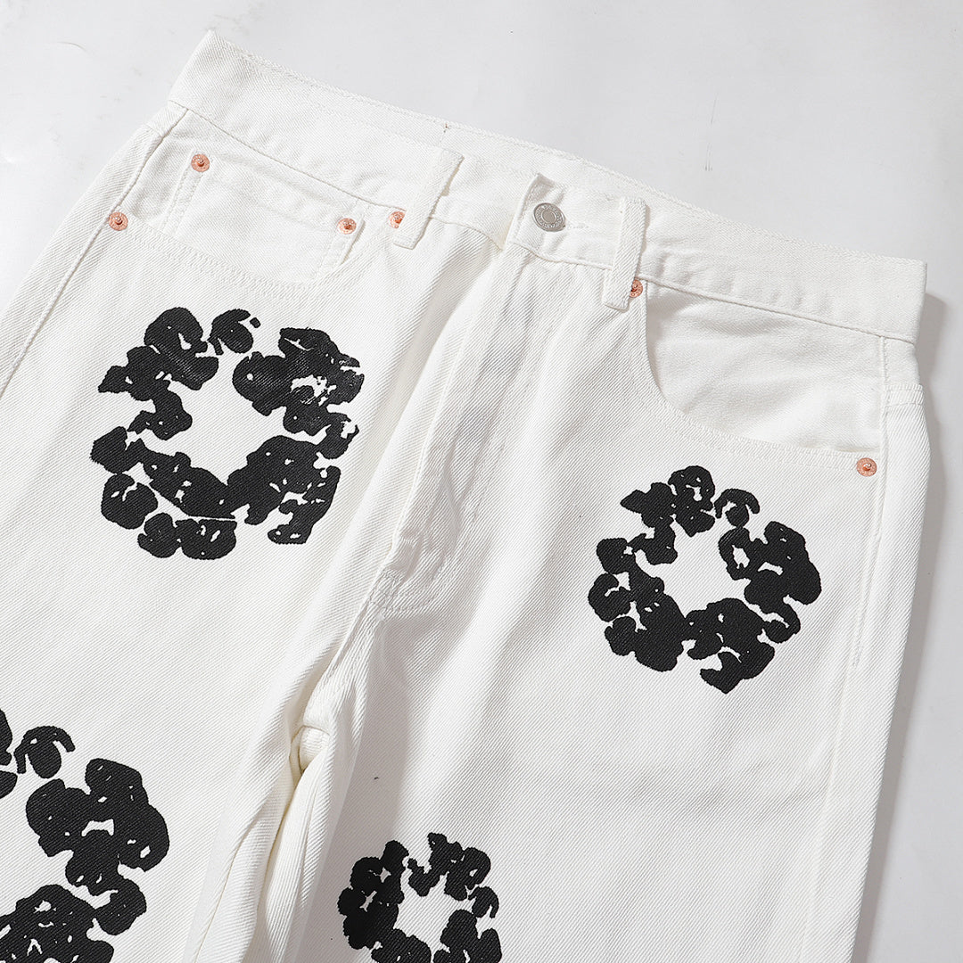 All‑Over Black Floral Print Straight‑Leg Streetwear Pants