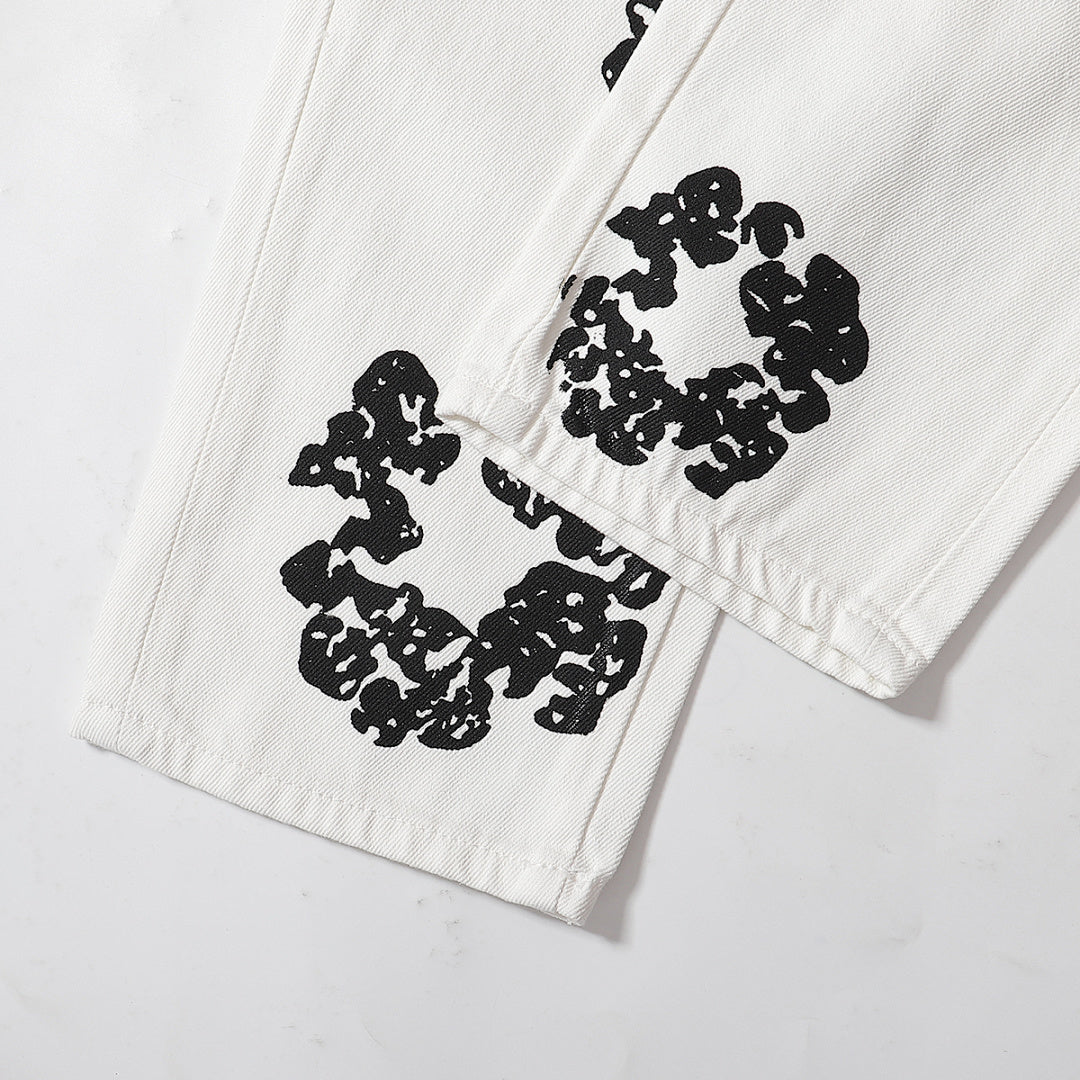 All‑Over Black Floral Print Straight‑Leg Streetwear Pants