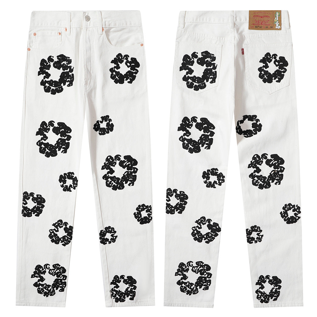 All‑Over Black Floral Print Straight‑Leg Streetwear Pants