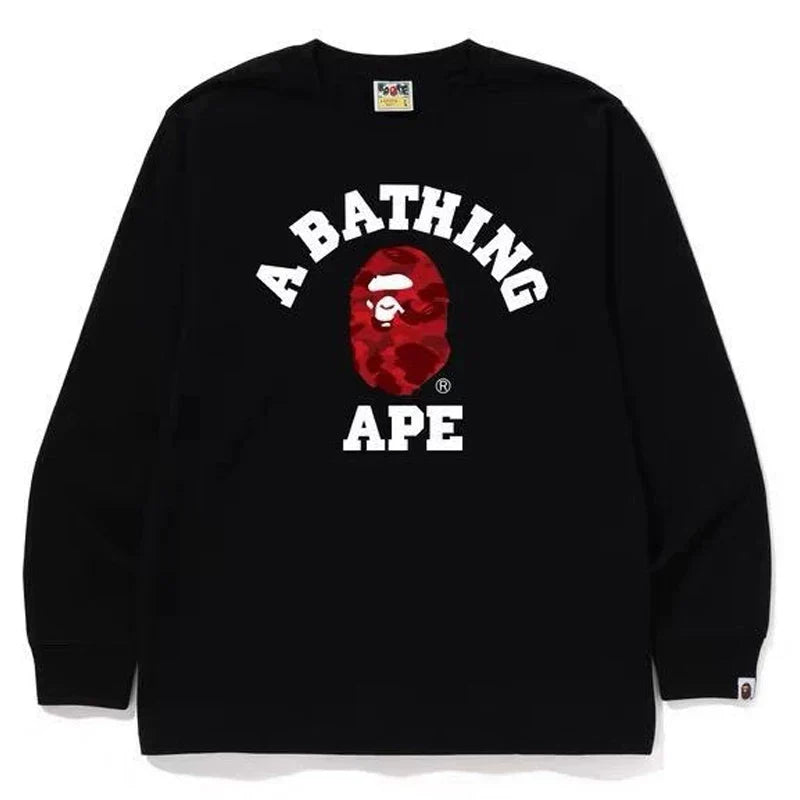 BAPE Style Collegiate Arc Logo & Camo Ape Head Long-Sleeve Tee - Black/Purple