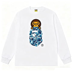 BAPE Style Baby Milo Peeking on Camo Ape Head Long-Sleeve Tee - White/Blue
