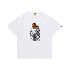 BAPE Style Snake Print & Baby Ape Head Short-Sleeve Tee - White