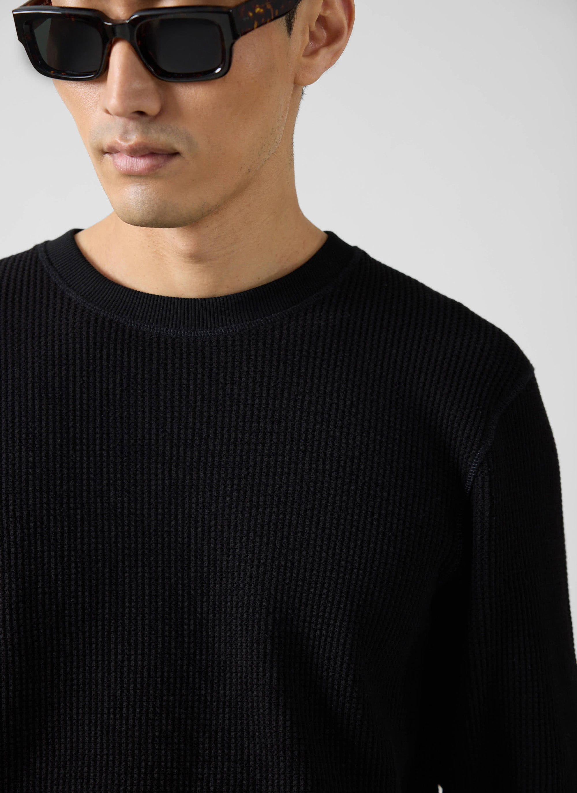 Waffle Long Sleeve T Shirt | Cotton | Black