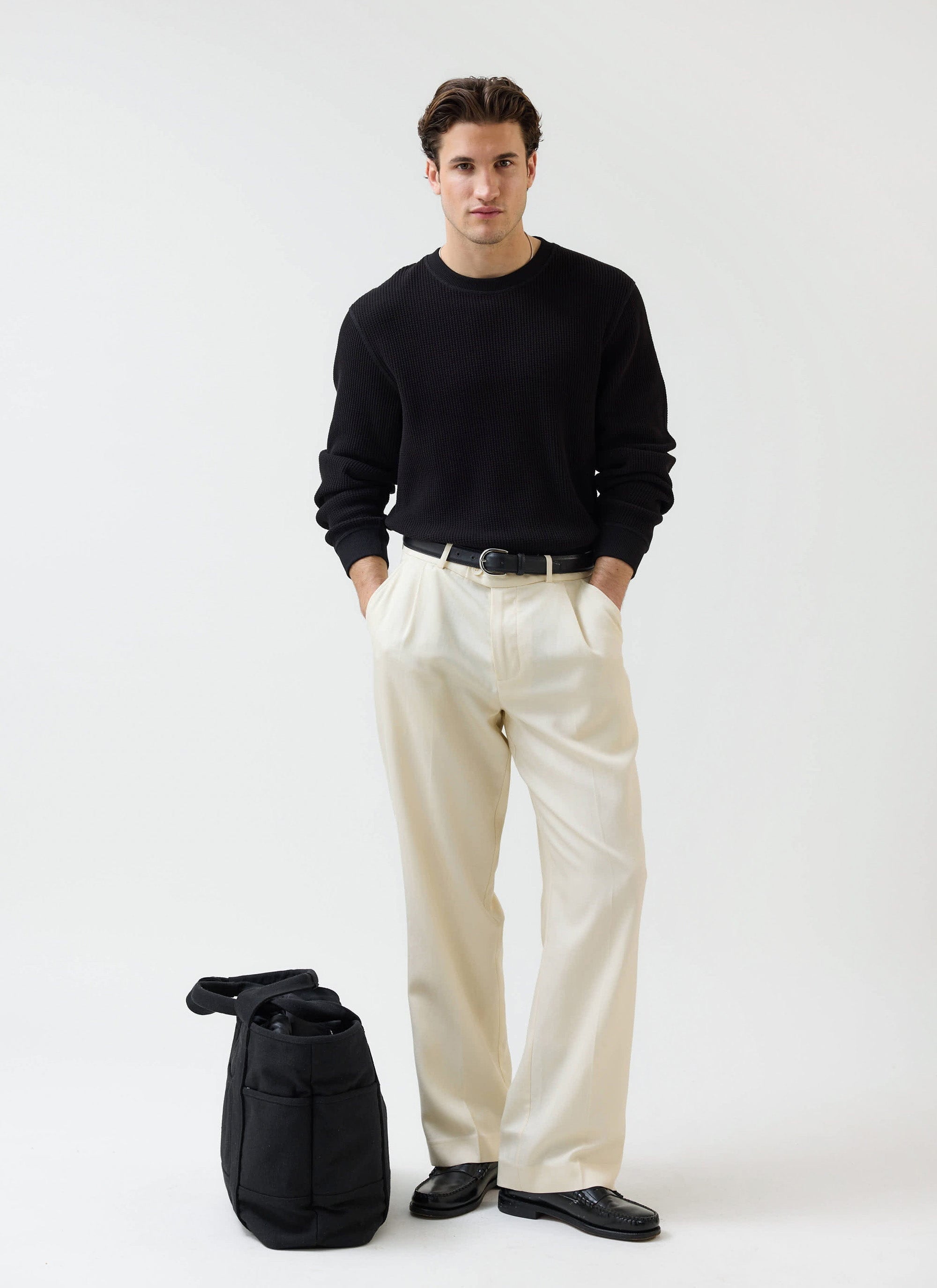 Waffle Long Sleeve T Shirt | Cotton | Black