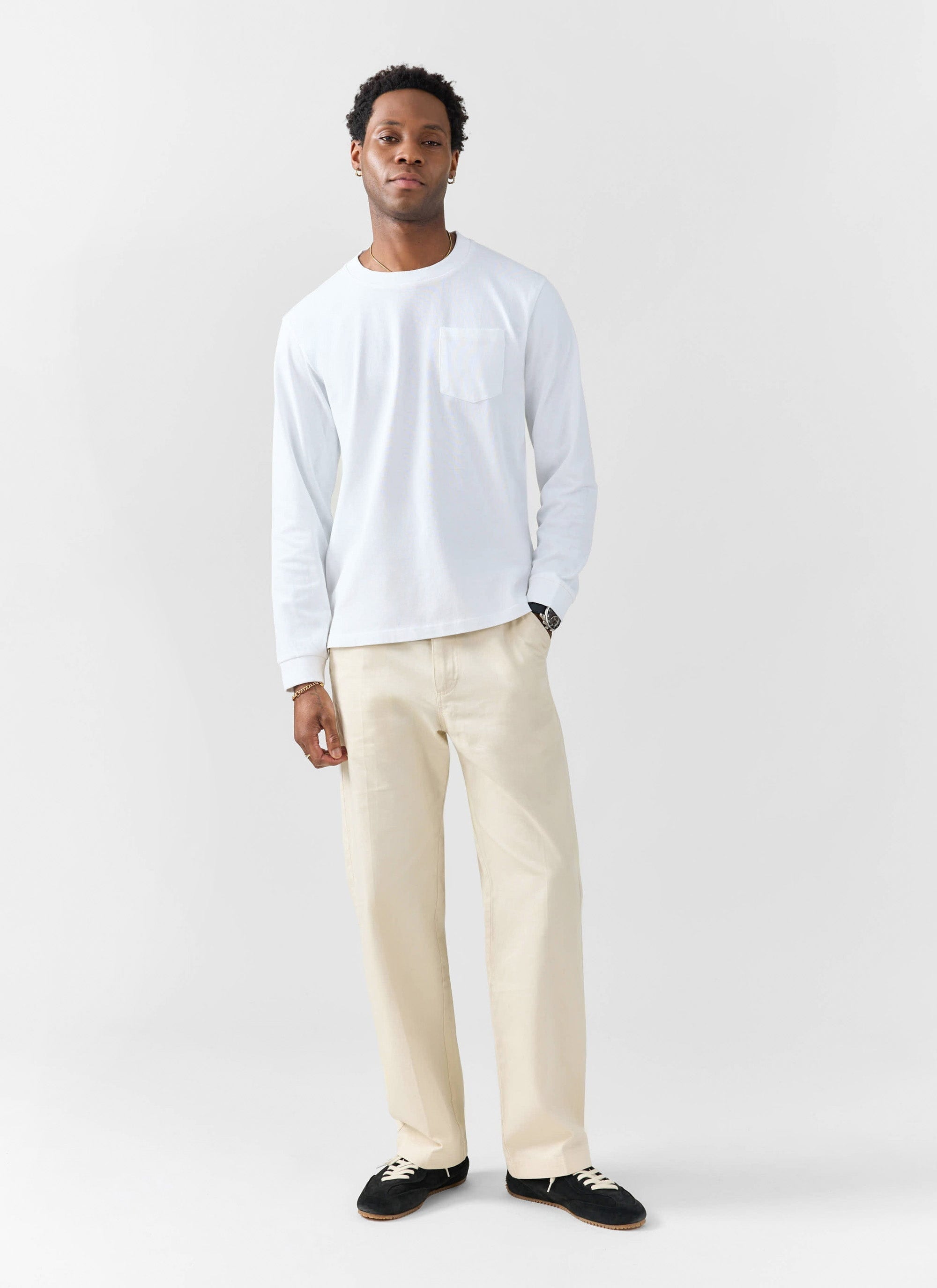 Long Sleeve Pocket T Shirt | Organic Cotton | White