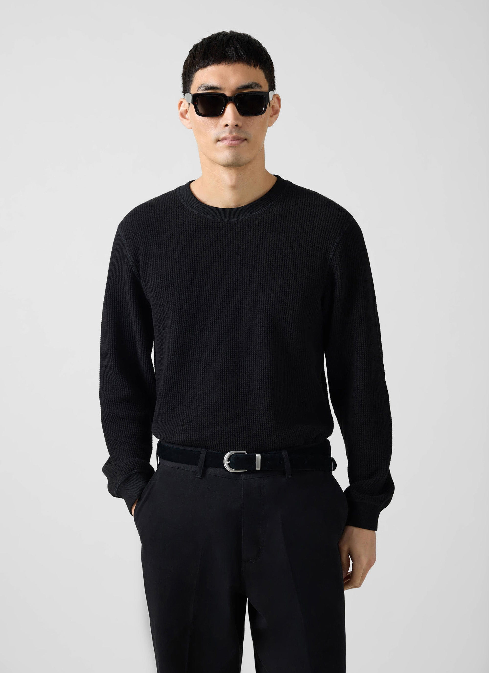 Waffle Long Sleeve T Shirt | Cotton | Black