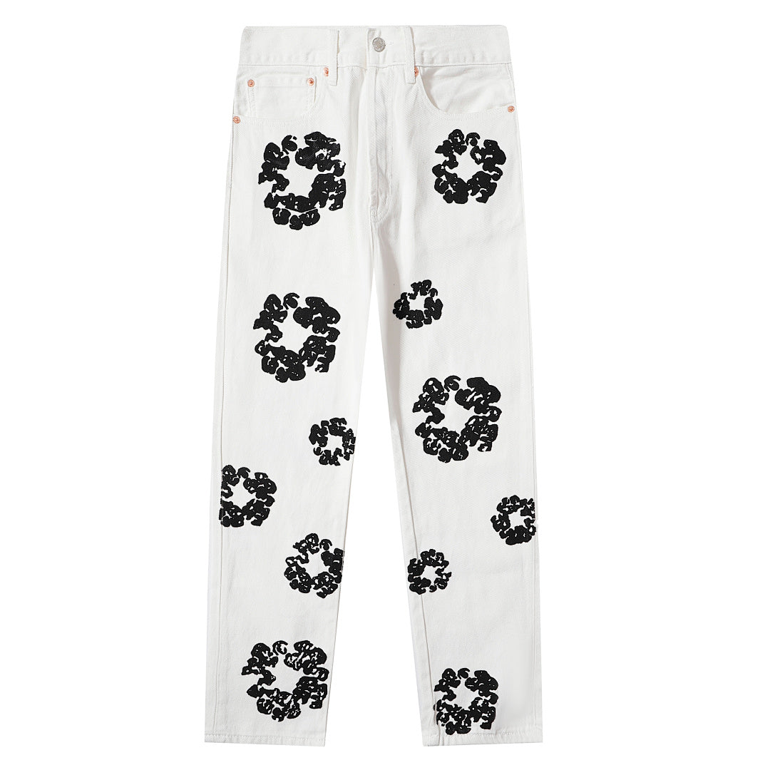 All‑Over Black Floral Print Straight‑Leg Streetwear Pants