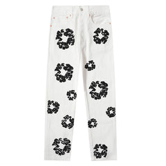 All‑Over Black Floral Print Straight‑Leg Streetwear Pants