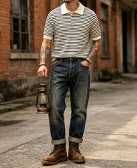 Nautical Fine Stripe Cotton Knit Polo - White Black Stripe