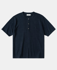 Linen Cotton Blend Knit Henley T-Shirt - Indigo