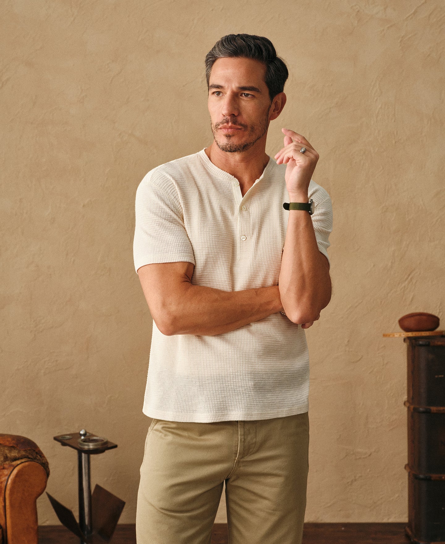 Honeycomb Waffle Knit Henley T-Shirt - Oatmeal