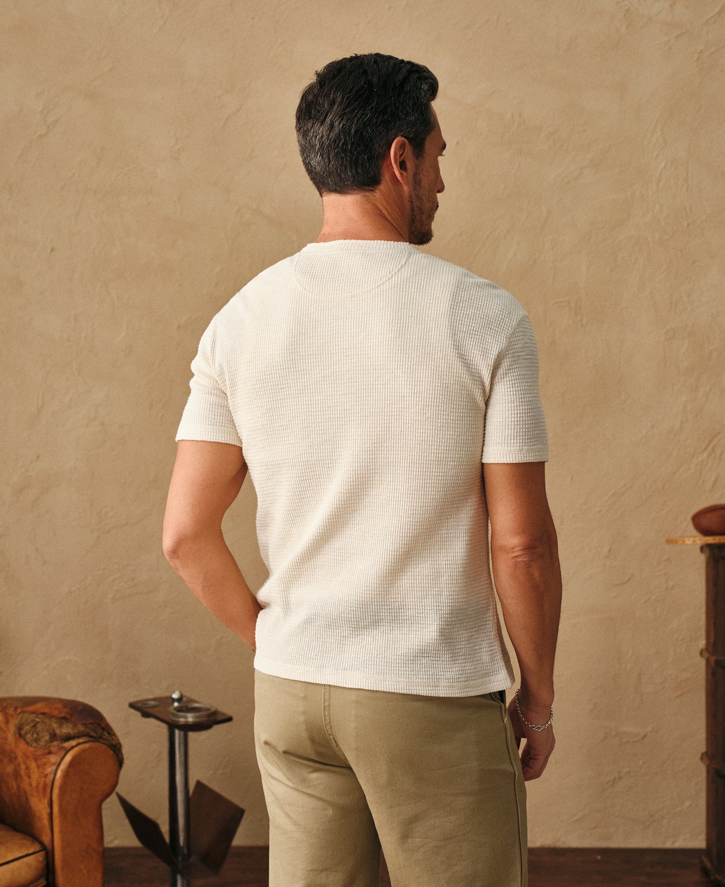 Honeycomb Waffle Knit Henley T-Shirt - Oatmeal